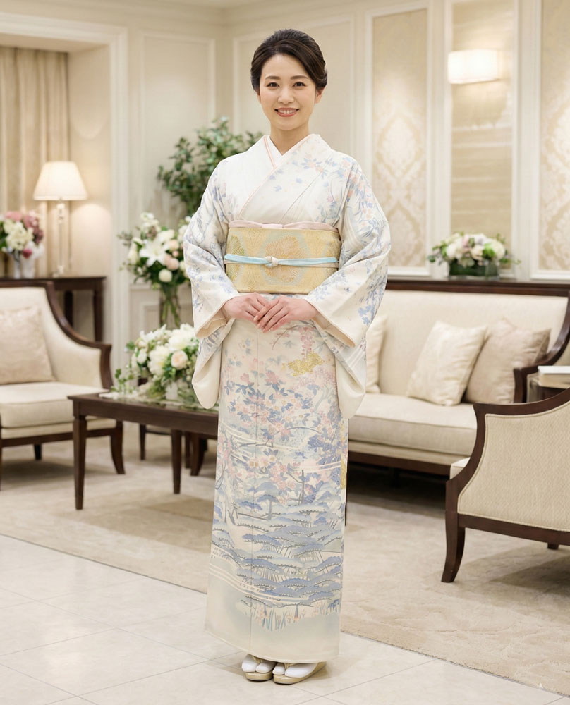 加賀友禅 訪問着 宮野勇造『四季の兼六園』白 - 濱上呉服店