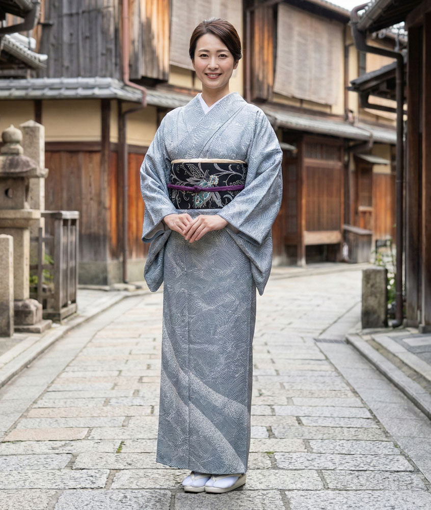 牛首紬 訪問着 グレー 波 - 濱上呉服店