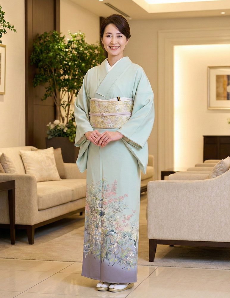 加賀友禅 色留袖 百貫華峰『オオルリ・松・桐エビネの図』緑 - 濱上呉服店
