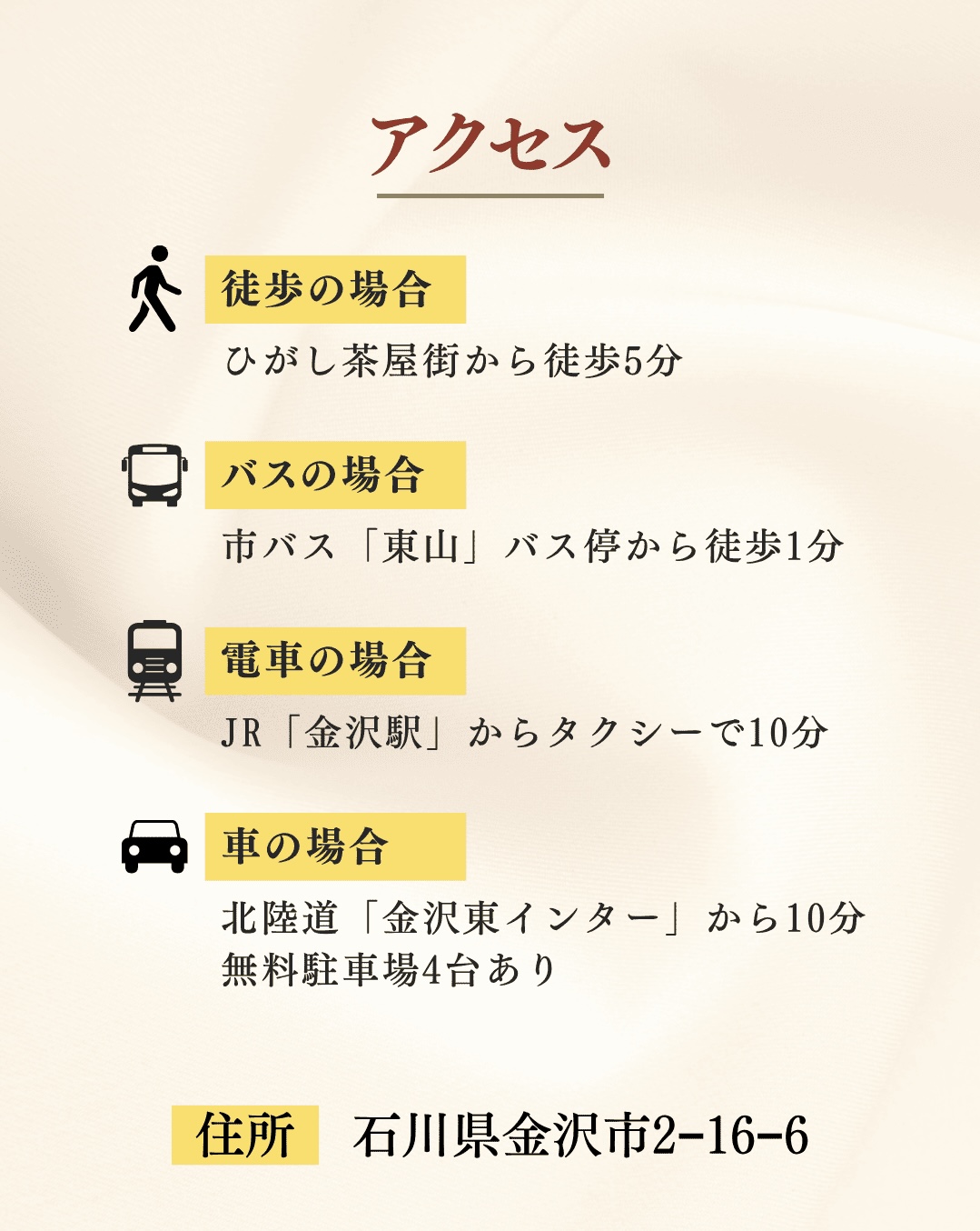 アクセス。徒歩の場合、ひがし茶屋街から徒歩5分。バスの場合、市バス「東山」バス停から徒歩1分。電車の場合、JR「金沢駅」からタクシーで10分。車の場合、北陸道「金沢東インター」から10分。無料駐車場4台分あり。住所：石川県金沢市東山2-16-6