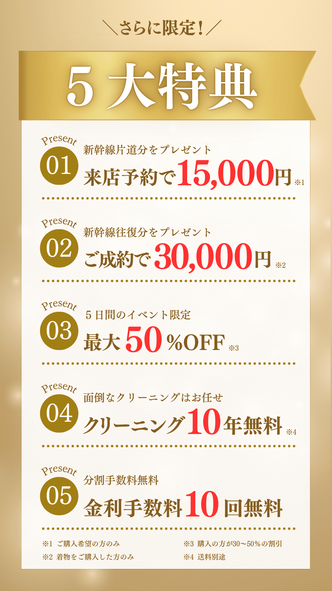 さらに限定！5大特典！①新幹線片道プレゼント！来店予約で15000円プレゼント。②新幹線往復分をプレゼント。ご成約で30000円プレゼント。③5日間限定イベント。最大50%OFF。④面倒なクリーニングはお任せ。クリーニング代10年間無料。⑤分割手数料無料。金利手数料10回無料。