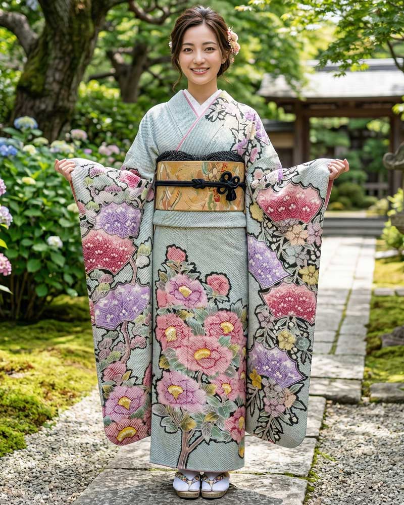 藤娘きぬたや 総絞り振袖 グレー01