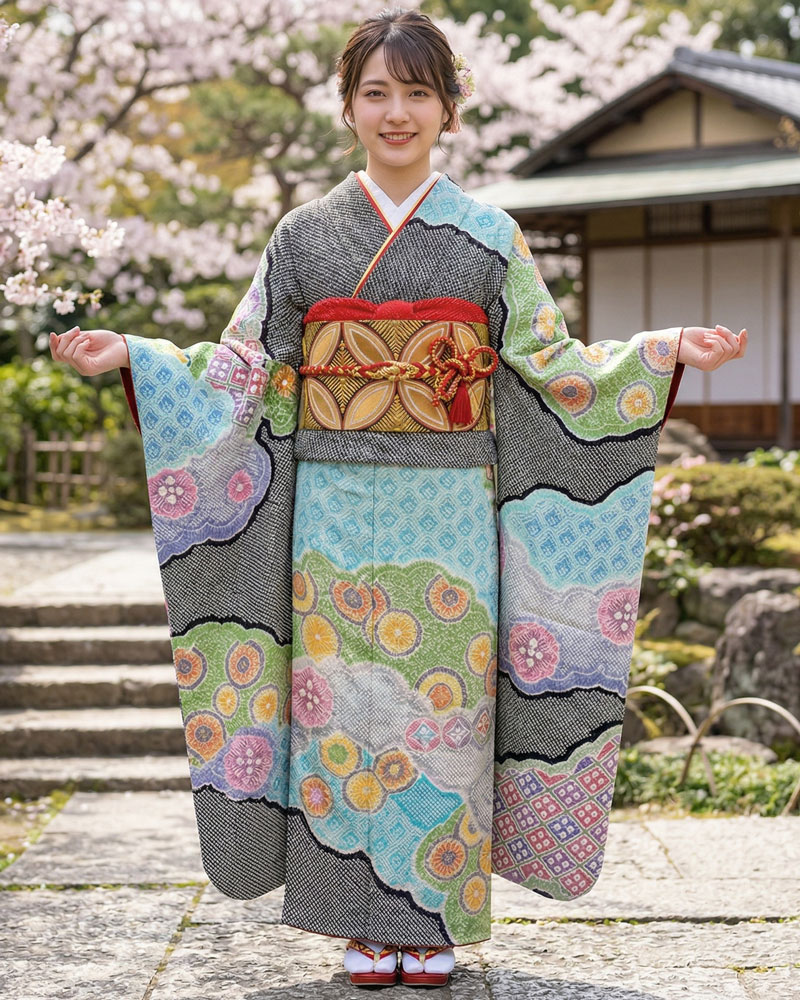 藤娘きぬたや 総絞り振袖 黒01