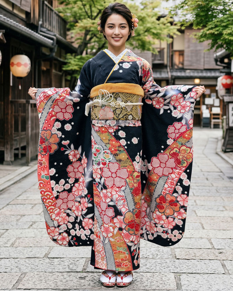 十日町友禅 -振袖 – 部分絞り – 黒01