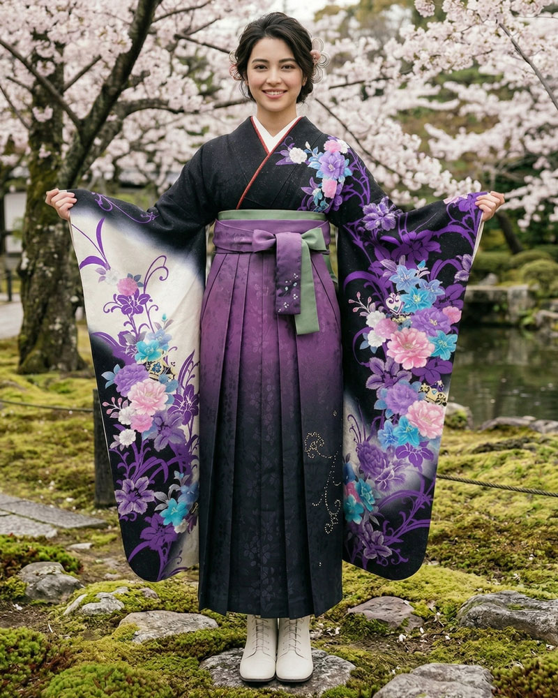 卒業式袴 x 振袖 – レンタル – 紫黒