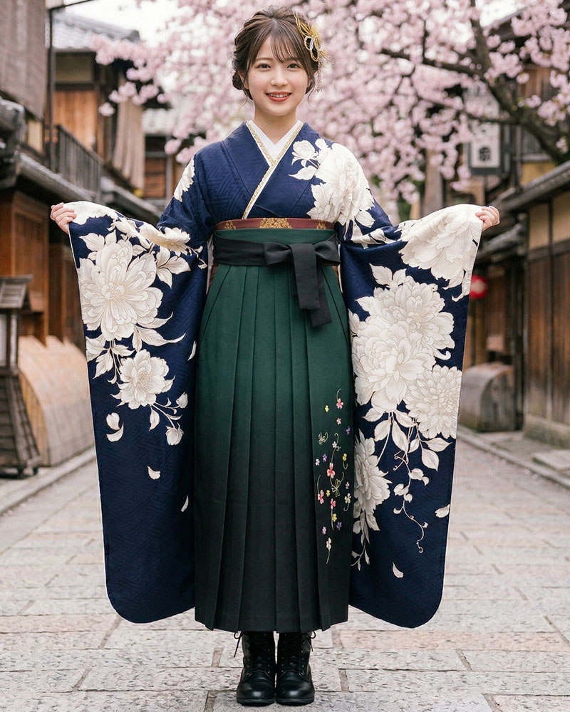 卒業式袴 x 振袖 – レンタル – 緑黒02