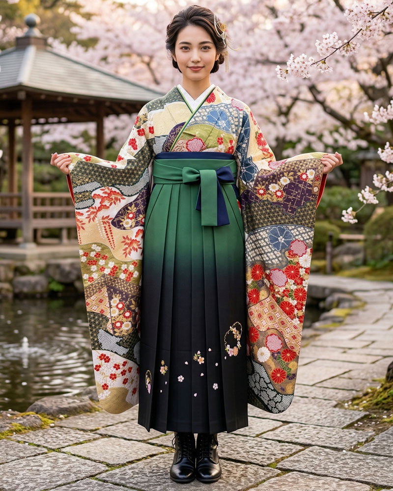 卒業式袴 x 振袖 – レンタル – 緑黒03