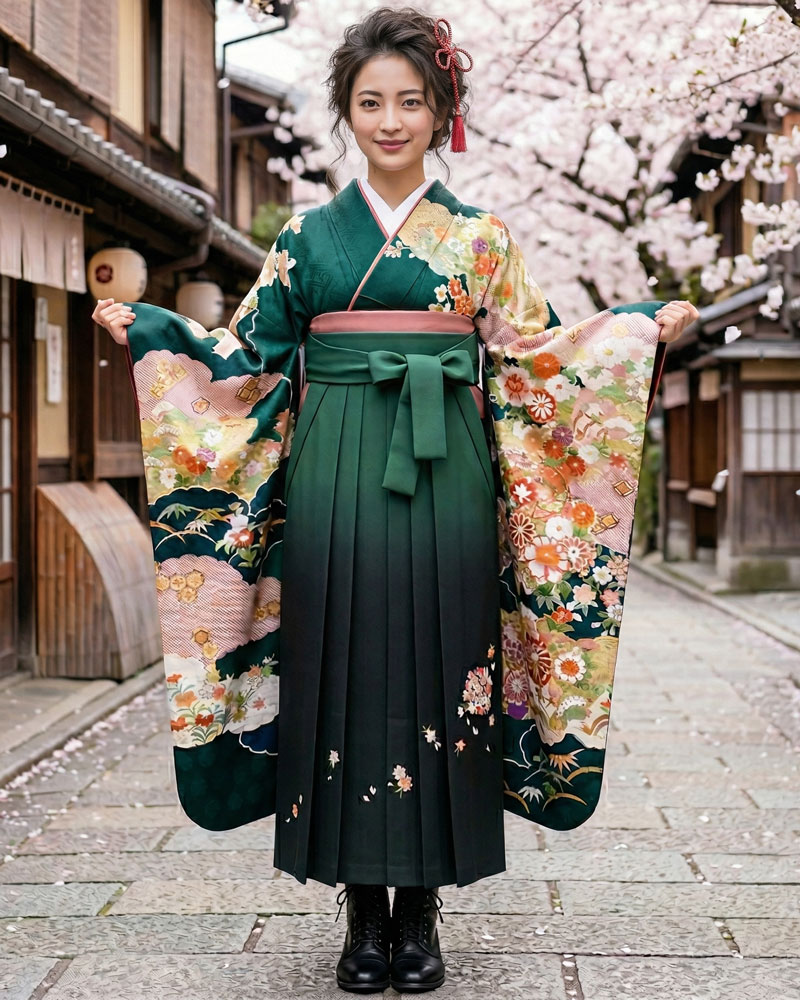 卒業式袴 x 振袖 – レンタル – 緑黒04