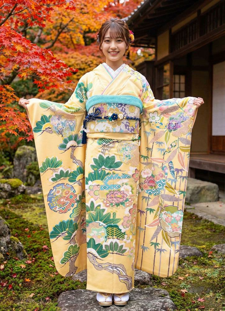 502z22〇松本健一 振袖 友禅 牡丹 松竹梅 黄色〇美品 成人式 結婚式