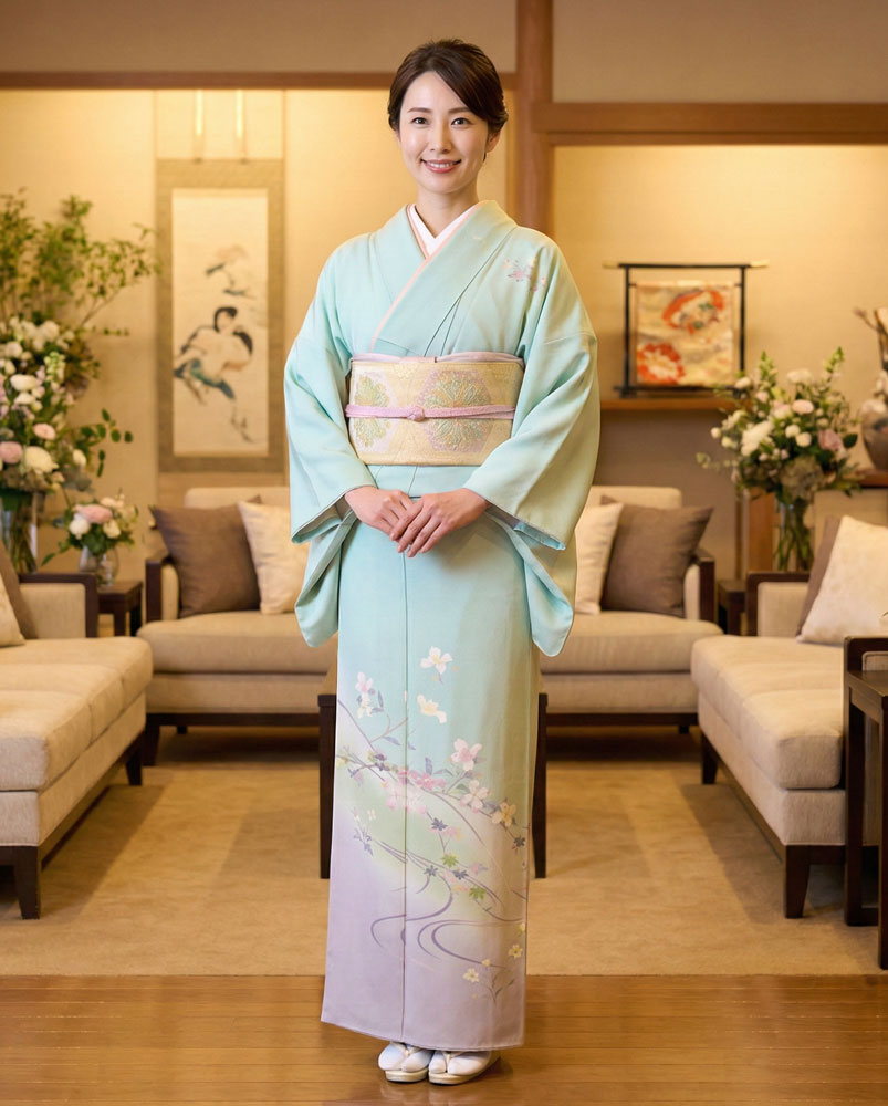 加賀友禅 付下 稲手明仁『花水木に楓にスミレ』水色