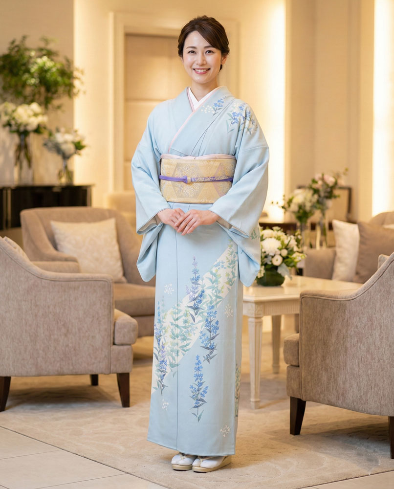 加賀友禅 訪問着 毎田仁嗣『ユキミソウ』水色