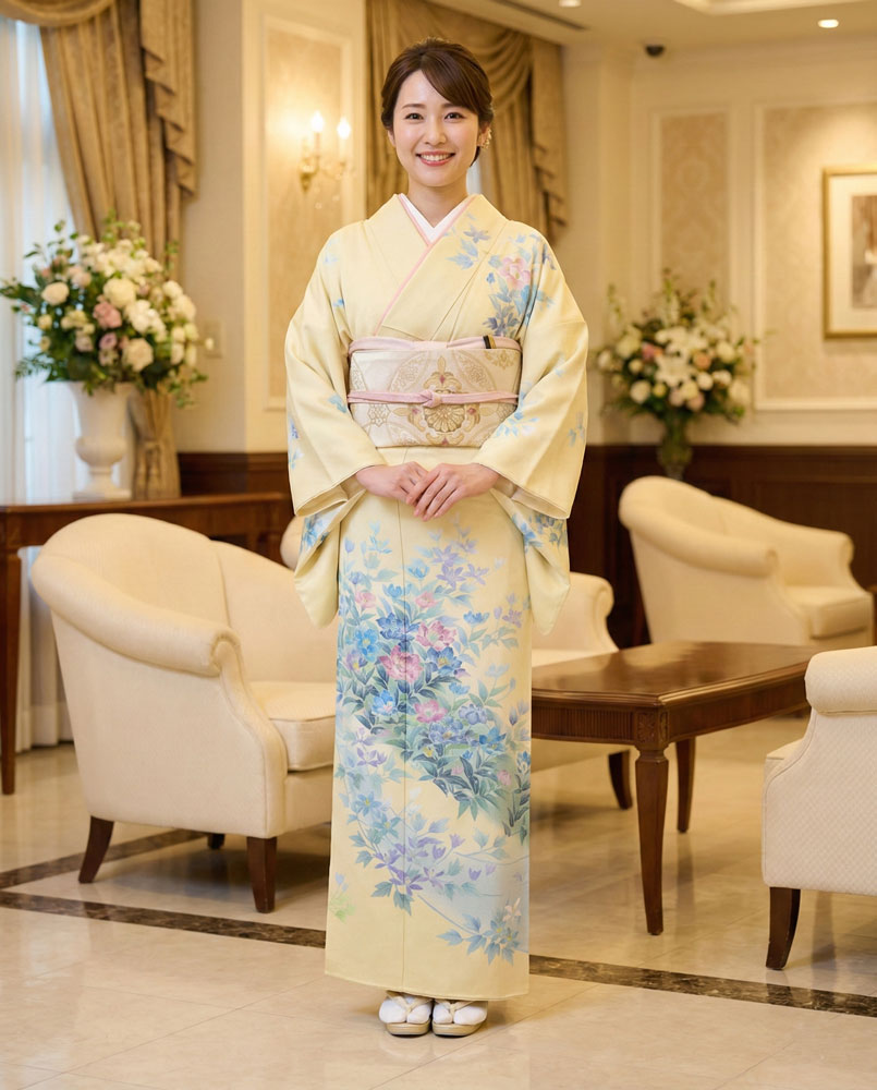 加賀友禅 訪問着 毎田健治『金絲梅にボタンヅル』黄