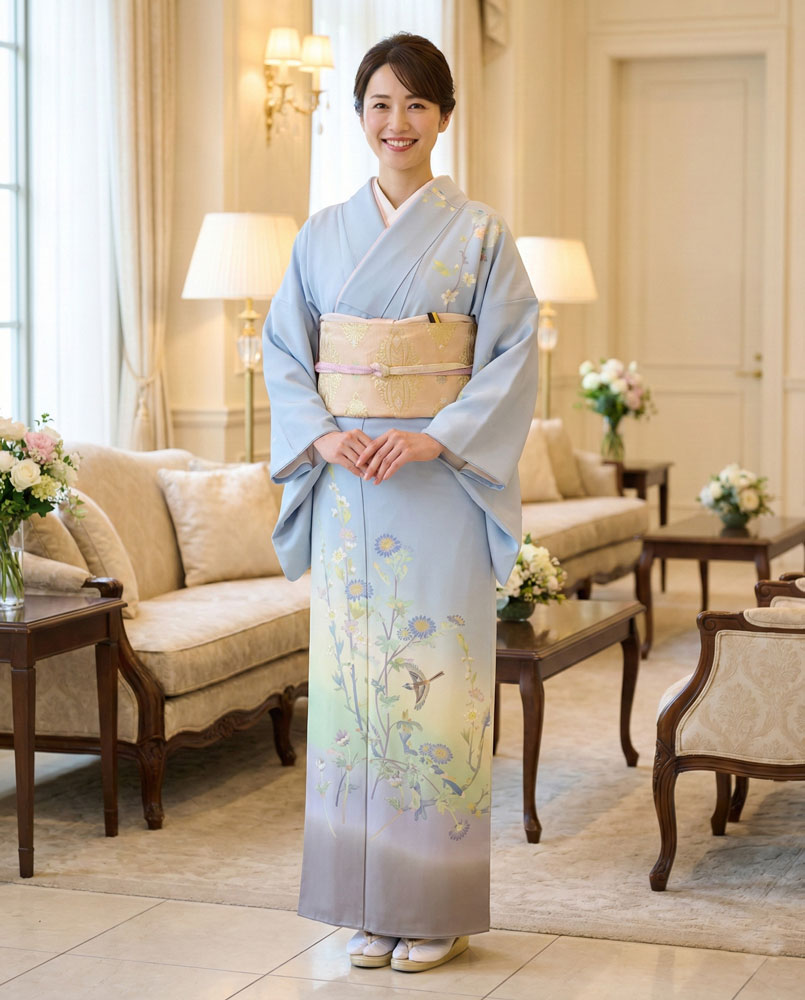 加賀友禅 訪問着 百貫華峰『山雀・菊・翁草・桃の図』水色