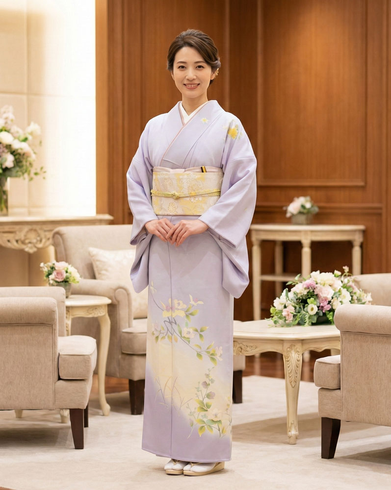 加賀友禅 訪問着 稲手明仁『椿に草花』紫