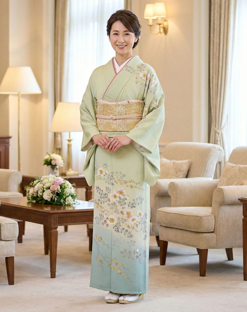 加賀友禅 訪問着 藤村建雄『浜茄子に小花』黄緑