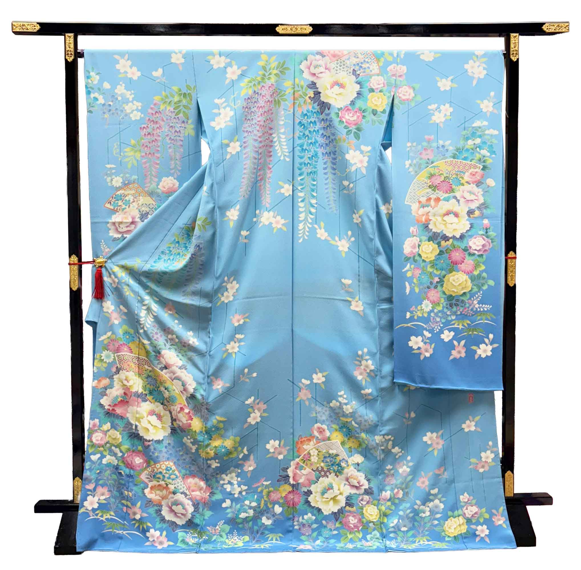加賀友禅 振袖 坂下順子『桧扇四季草花文』水色