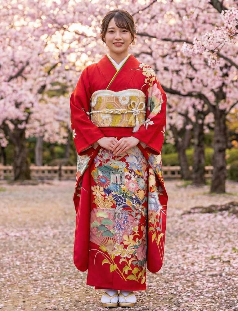 加賀友禅 振袖 古泉義範『松扇に草花』赤