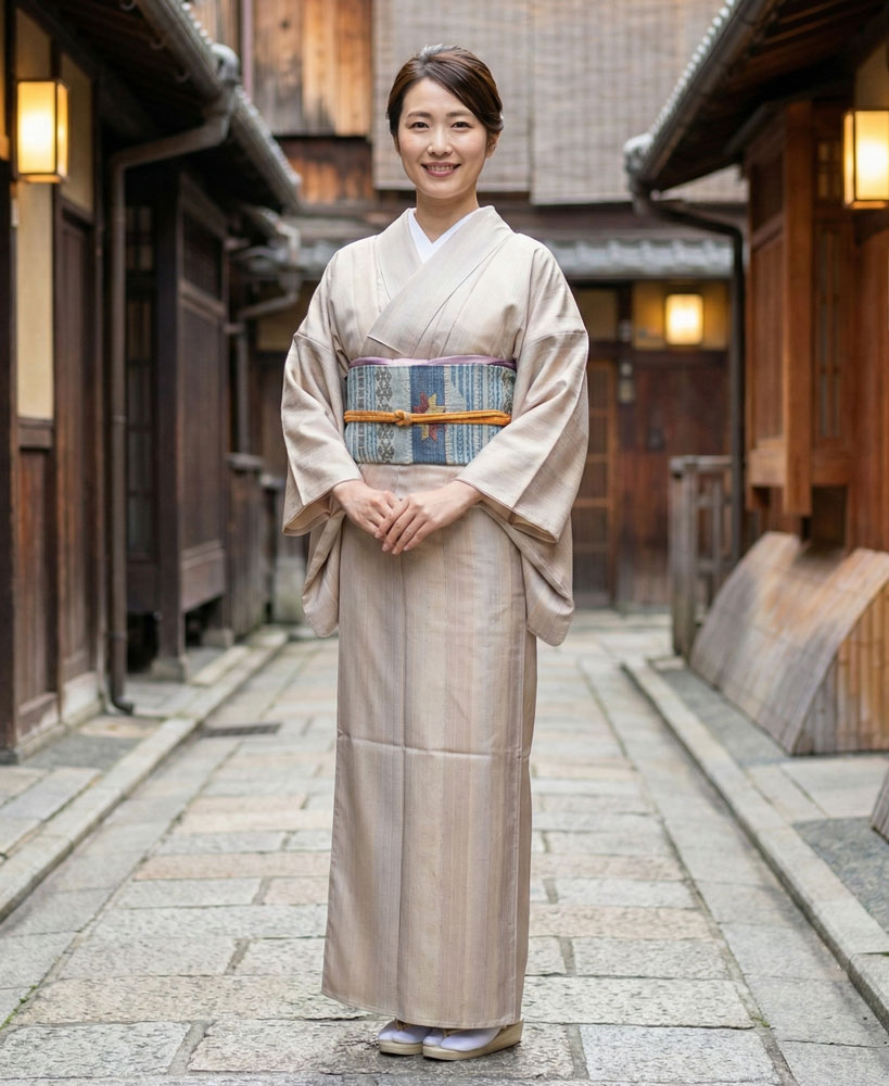 牛首紬 訪問着 ピンク 縦縞