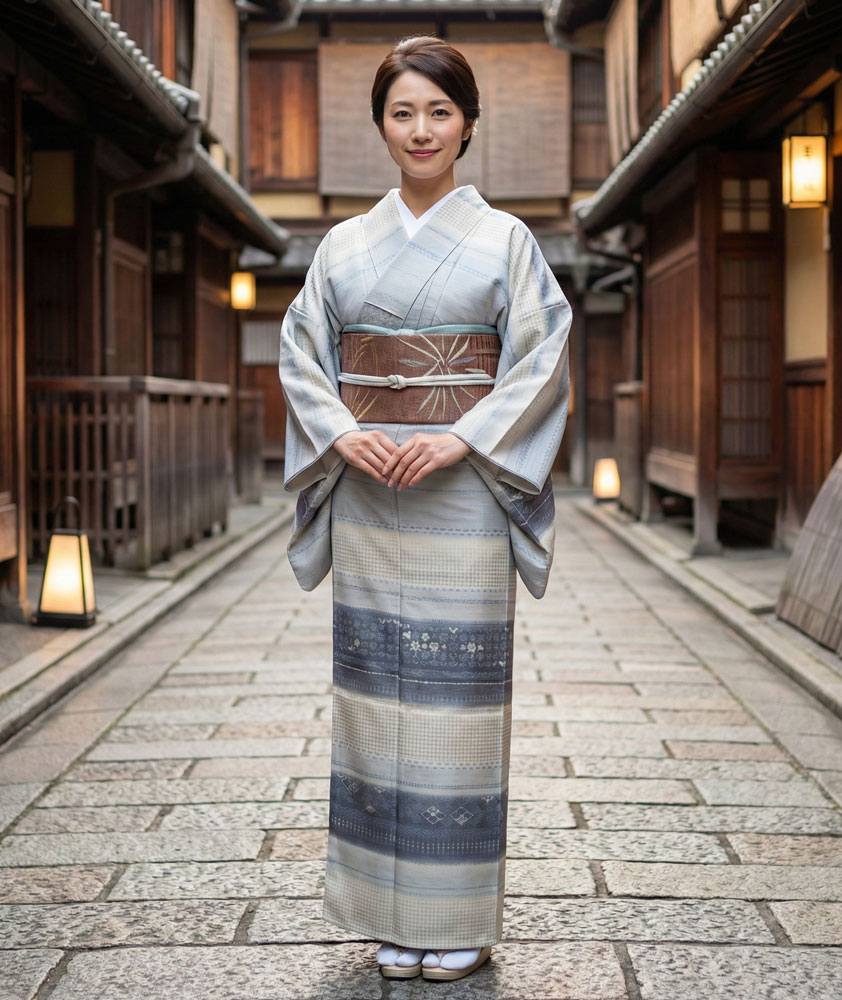 牛首紬 訪問着 グレー 横縞