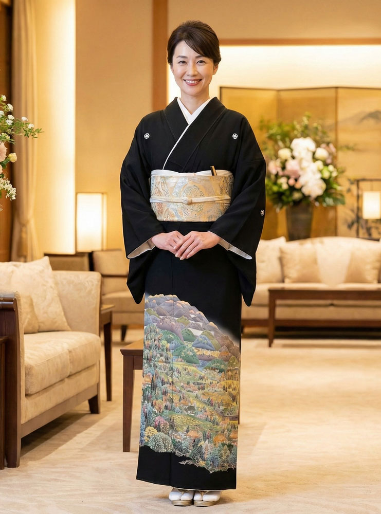 加賀友禅 黒留袖 百貫華峰『東北の印象』