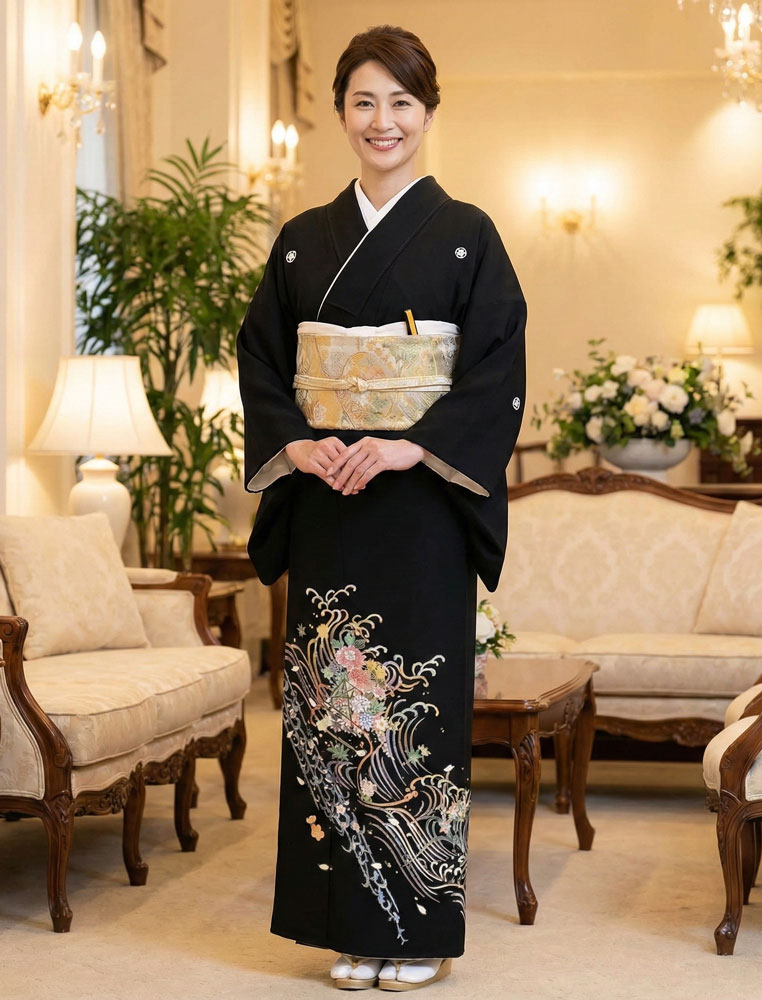 加賀友禅 黒留袖 坂下順子『波に花カゴ』