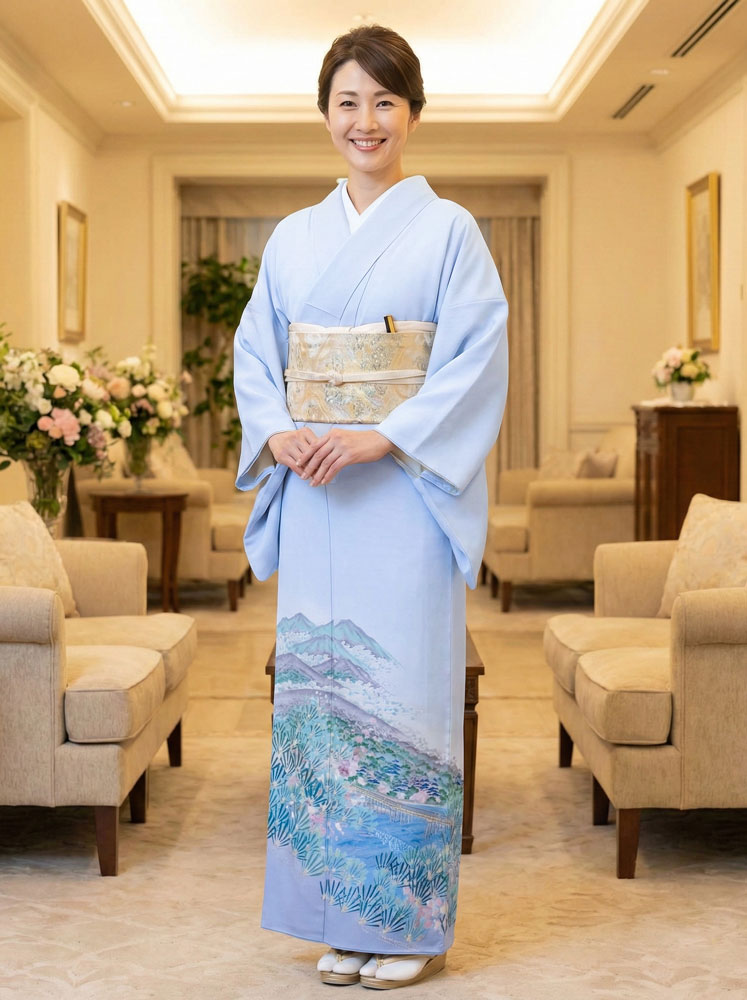 加賀友禅 色留袖 山本富男『渡月橋』水色