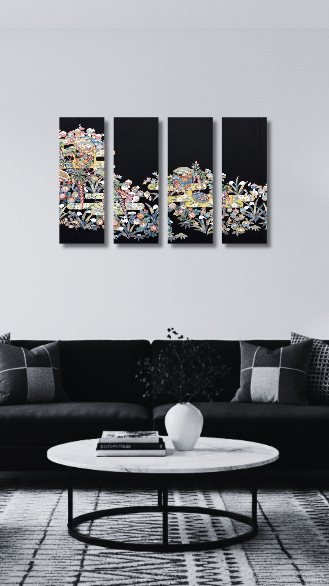 【留袖アート】Kimono Art  ファブリックパネル 黒留袖08