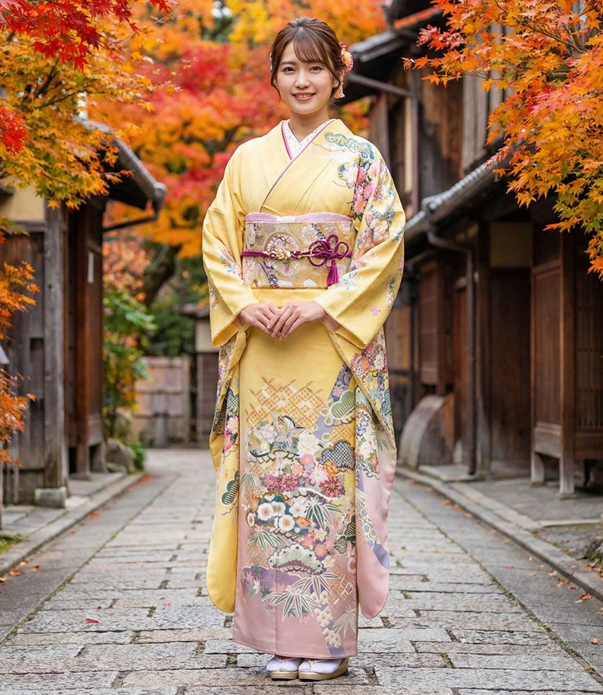 加賀友禅 振袖 松任いち『古典慶松文様』黄 - 濱上呉服店