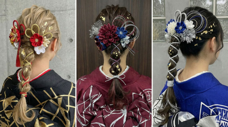 成人式振袖に合わせたヘアスタイル例（たまねぎヘア）
