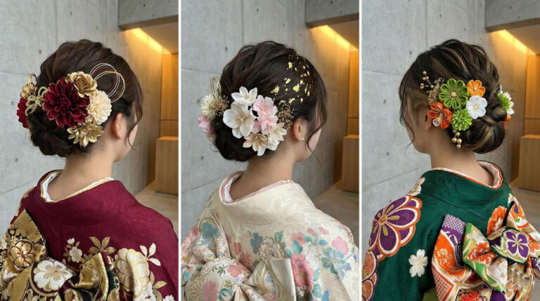 成人式振袖に合わせたヘアスタイル例（ゆるふわシニヨンヘア）