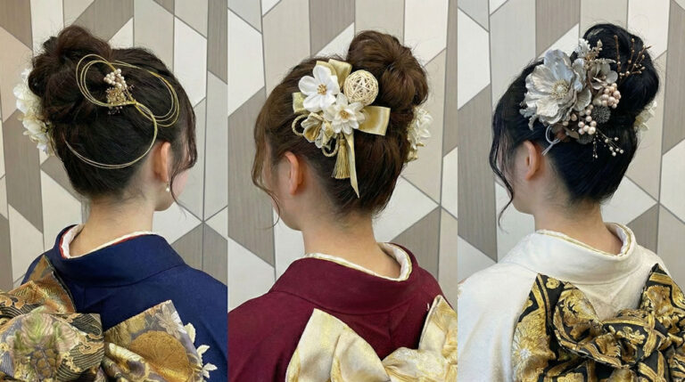 成人式振袖に合わせたヘアスタイル例（スタイルアップおだんごヘア）