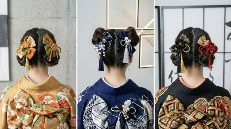 成人式振袖に合わせたヘアスタイル例（ツインお団子ヘア）