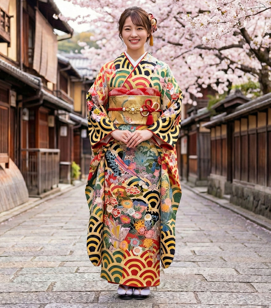 加賀友禅 振袖 白坂幸蔵『市松段秋草』黒