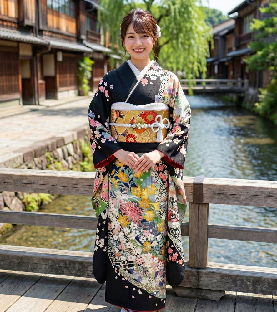 加賀友禅 振袖 柿本結一『風・衣・波』黒