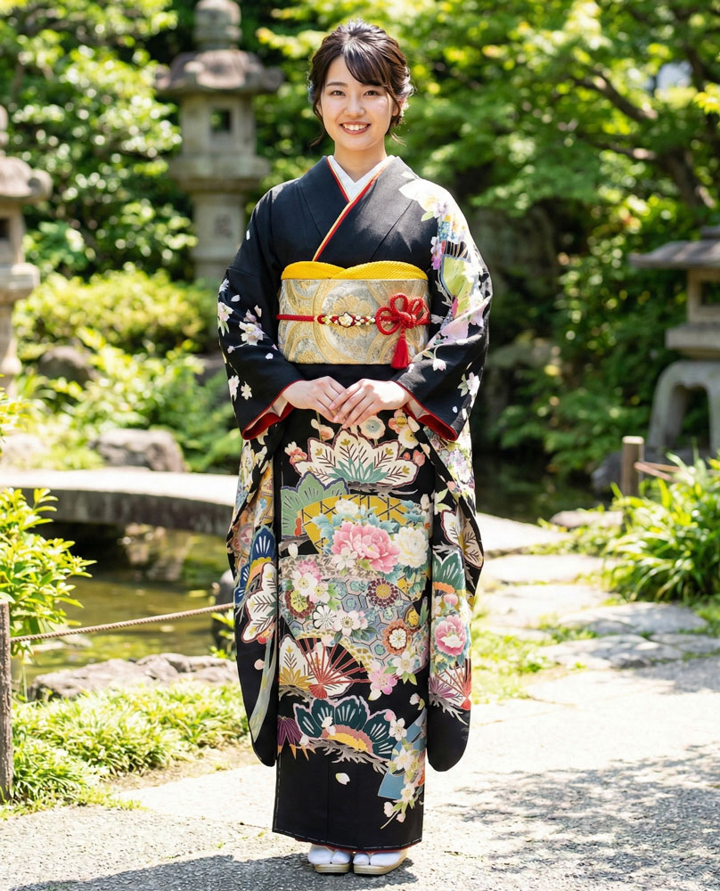 加賀友禅 振袖 谷崎善治『扇面に牡丹』黒