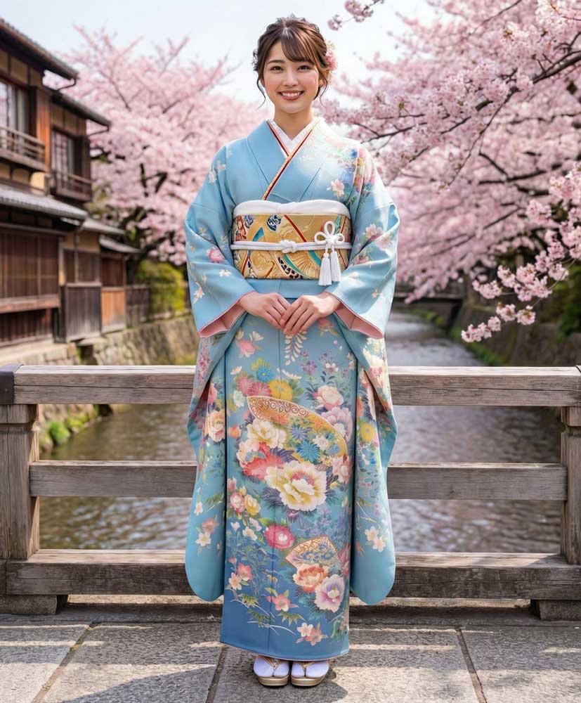 加賀友禅 振袖 坂下順子『桧扇四季草花文』水色