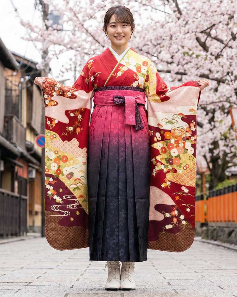 卒業式袴 x 振袖 – レンタル – ピンク黒