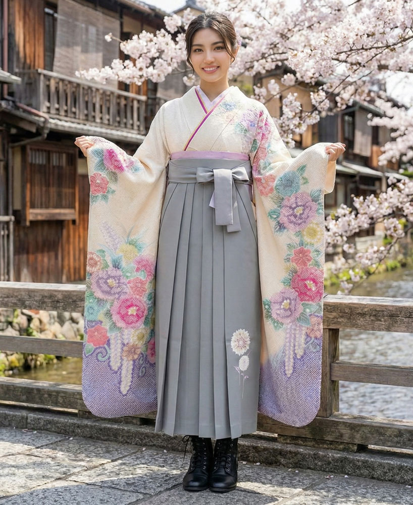 卒業式袴 x 振袖 – レンタル – グレー01