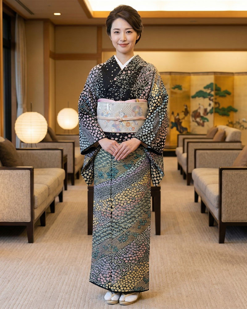 おぼろ染 総絞り訪問着 黒