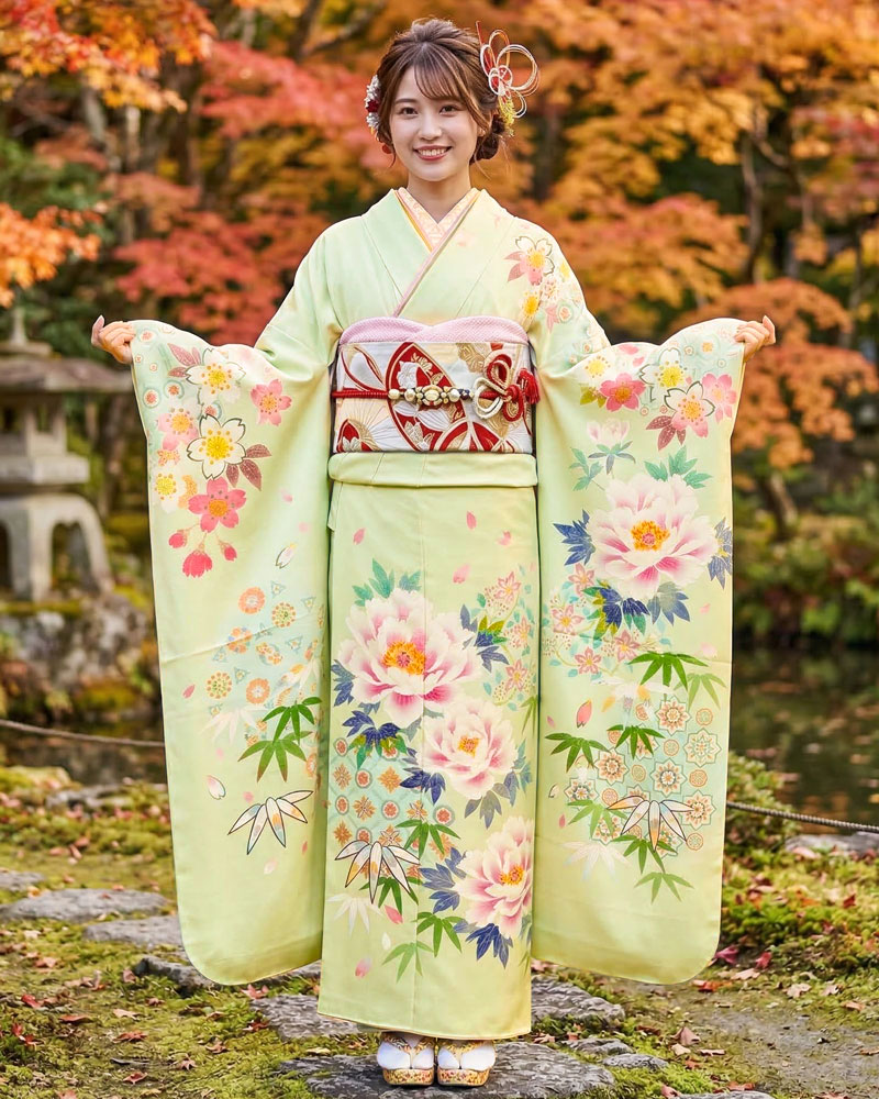 加賀友禅 振袖 大久保謙一『はなやぎ』黄緑