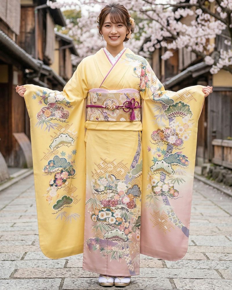 加賀友禅 振袖 松任いち『古典慶松文様』黄 - 濱上呉服店