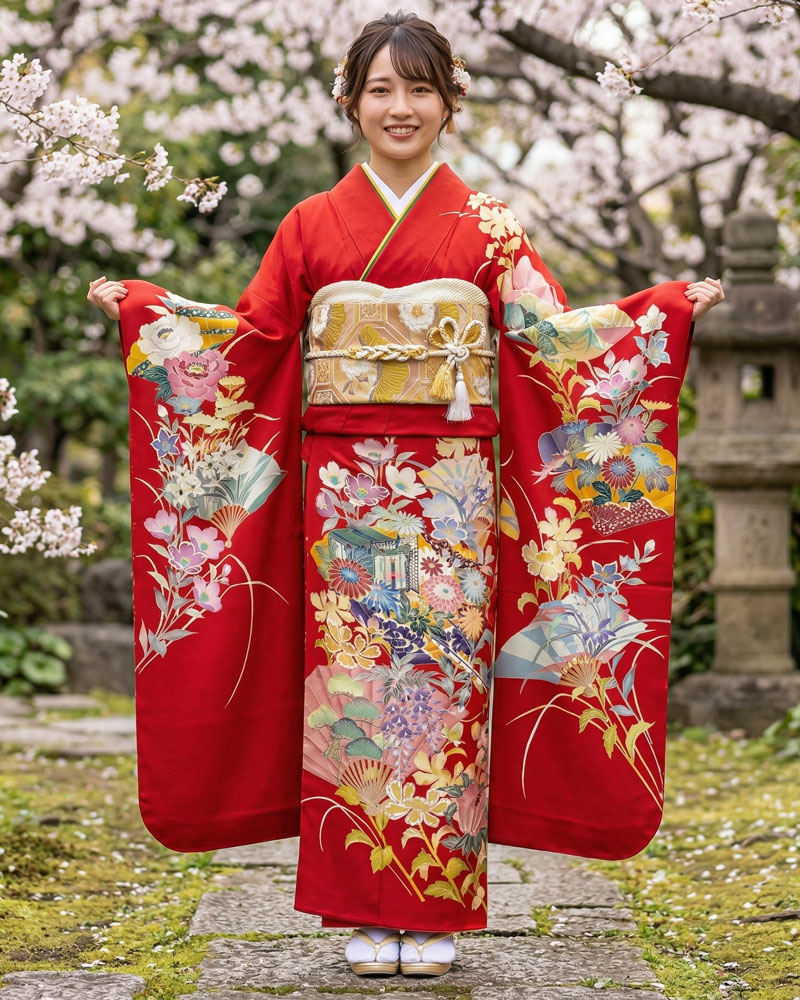 加賀友禅 振袖 古泉義範『松扇に草花』赤