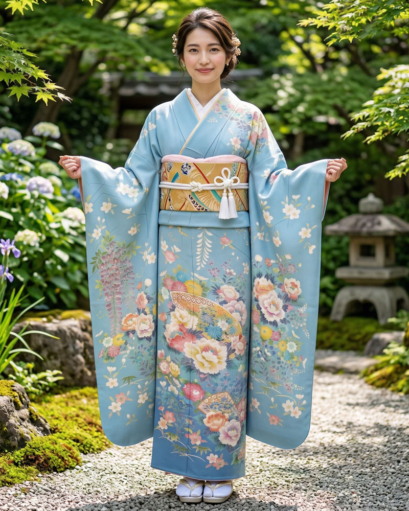 加賀友禅 振袖 坂下順子『桧扇四季草花文』水色