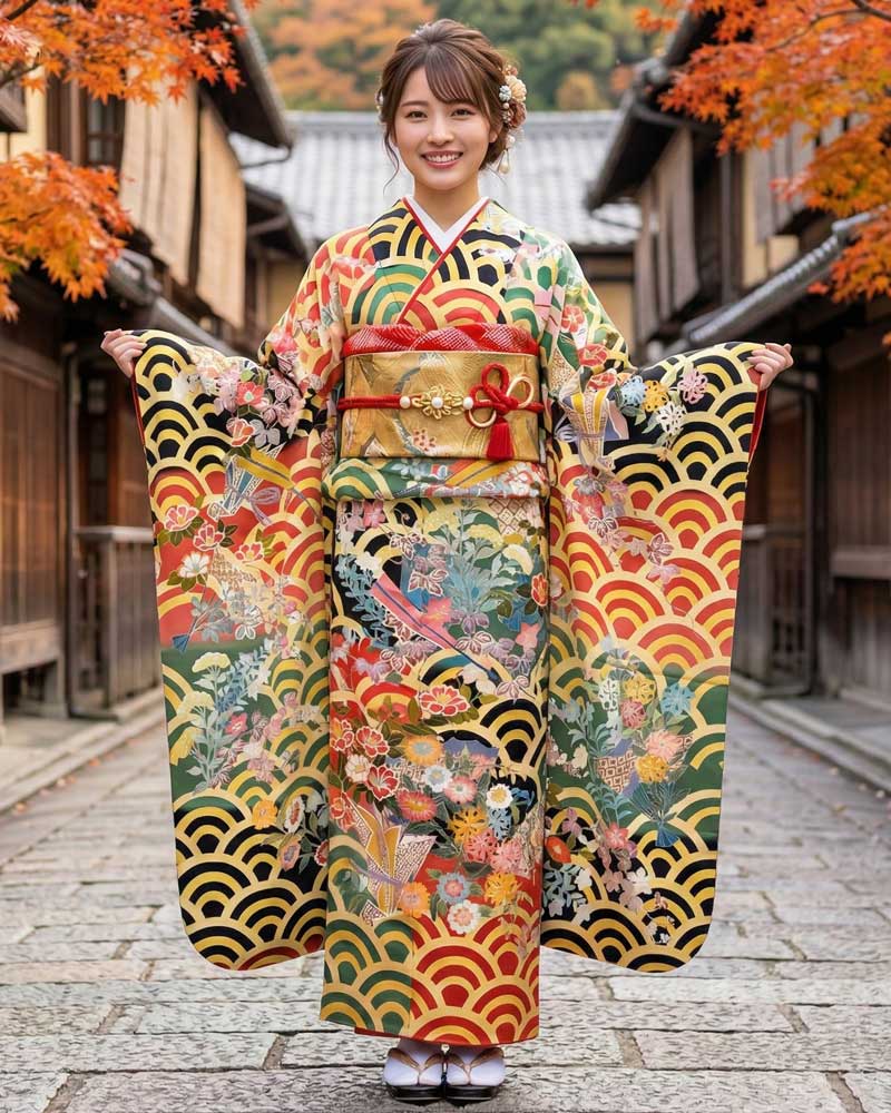 加賀友禅 振袖 白坂幸蔵『市松段秋草』黒