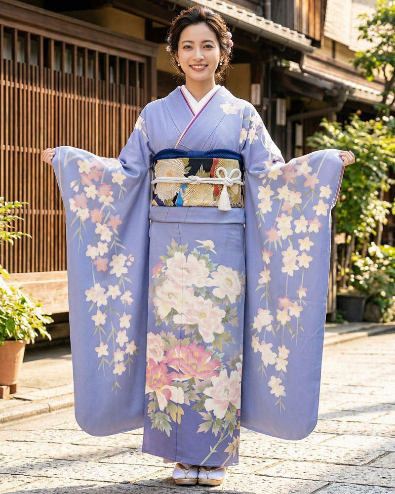 加賀友禅 振袖 稲手明仁『桜に牡丹』青紫