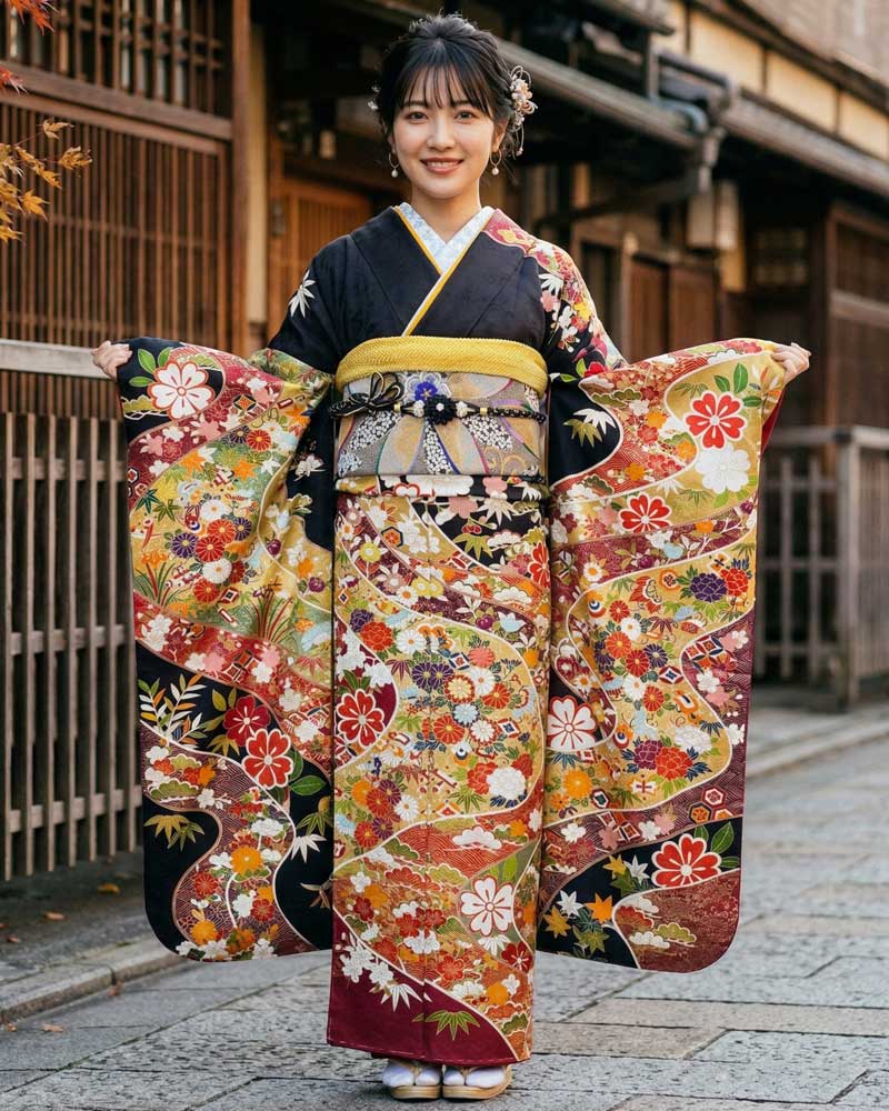十日町友禅 -振袖 – 青柳 – 茶01