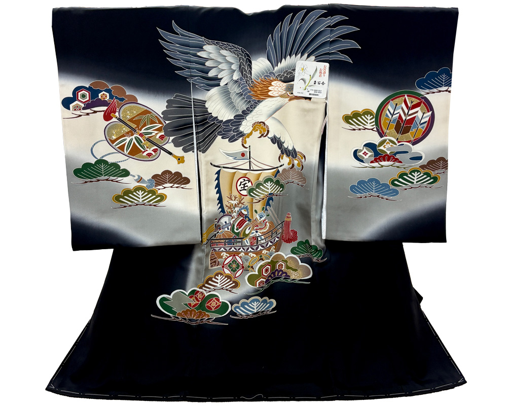 【新品】七五三 3歳 男児 レンタル -手描き正絹- 黒 鷹に宝船