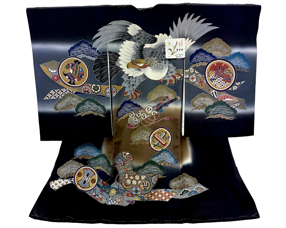【新品】七五三 3歳 男児 レンタル -手描き正絹- 黒02 鷹に松