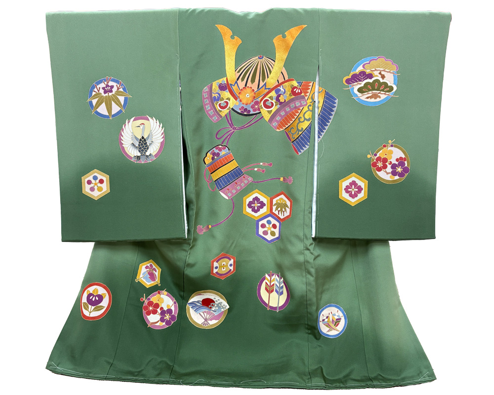 【新品】七五三 3歳 男児 レンタル -手描き正絹- 緑 兜