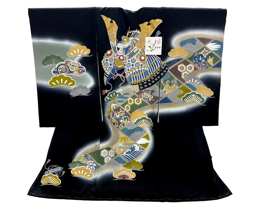 【新品】七五三 3歳 男児 レンタル -手描き正絹- 黒 兜
